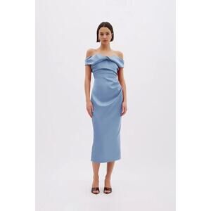 Rachel Gilbert Daria Satin Midi Dress Off Shoulder Draped blue size 5 / US 12